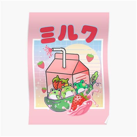 Kawaii Vaporwave Frogs Strawberry Milk Cottagecore Poster By