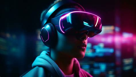 Virtual reality simulator illuminates futuristic nightclub, young