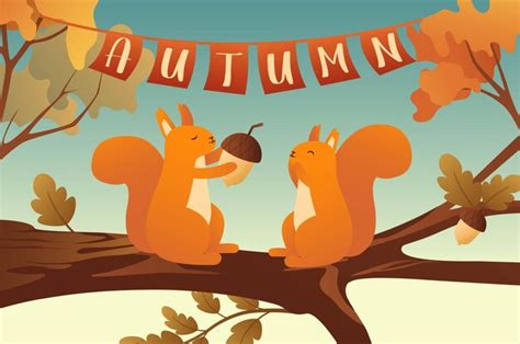 Premium Vector Squirrels On A Tree Autumn Background In A Cartoon