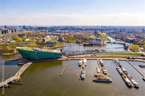 Aerial view of the Nemo Science Museum. The building is in the form of ...