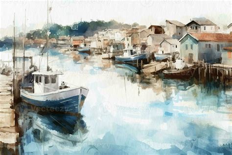 Harbor, retro harbor with boats and pier, seascape painted with ...