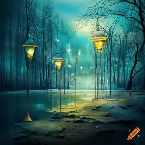 Surreal Park With Strange Creatures Fantasy Trees Lamp Posts And