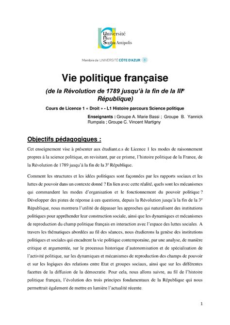 Plan du cours Vie politique française de la Révolution de 1789 jusqu