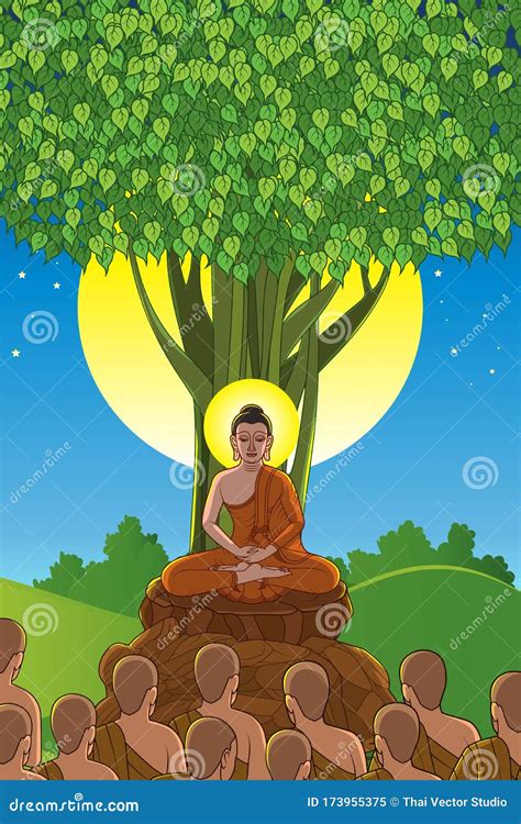 Makha Bucha Day Buddha Sitting Under The Bodhi Tree Stock Vector