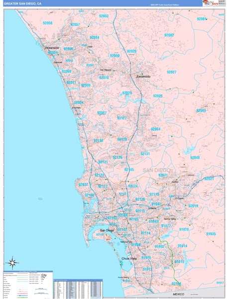 Greater San Diego Ca Metro Area Wall Map Color Cast Style By