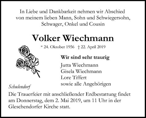 Traueranzeigen Von Volker Wiechmann Trauer Anzeigen De