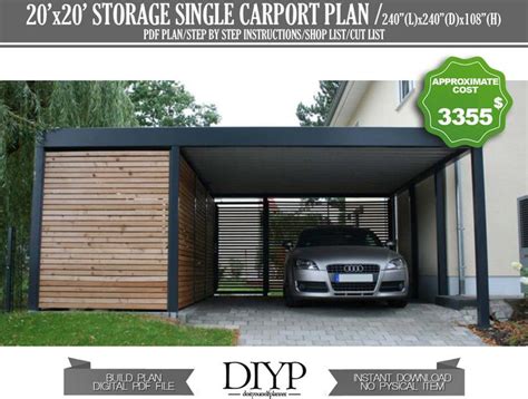 Car Garage Build Plan, Single Car Port Plans, Carport With Storage Plan ...