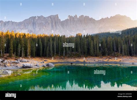 Beautiful Carezza Lake Lago Di Carezza In Background Latemar