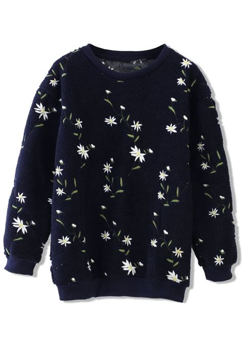 Floral Embroidered Sweater In Navy Blue Fashion Sweaters Embroidered Sweater