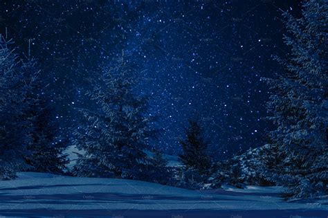 Snow covered trees on a clear night | Nature Stock Photos ~ Creative Market