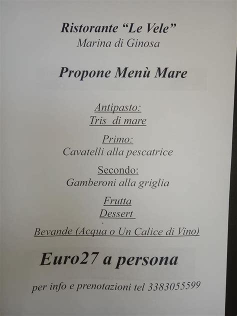 Menu At Le Vele Restaurant Marina Di Ginosa