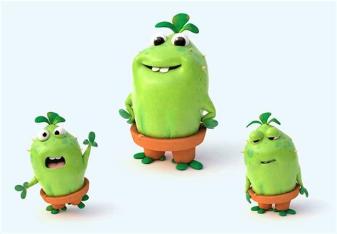 Three Green Cartoon Characters Standing Next To Each Other