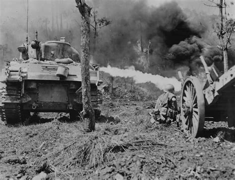 96th Division Soldier By M4 Sherman Flame Thrower Tank On Okinawa