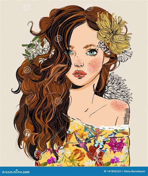 Retrato De La Mujer Hermosa Joven Con Las Flores Ilustraci N Del Vector