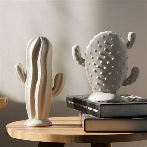 Ceramic Cactus Statue White Cactus Figurine Plant Figurines Etsy