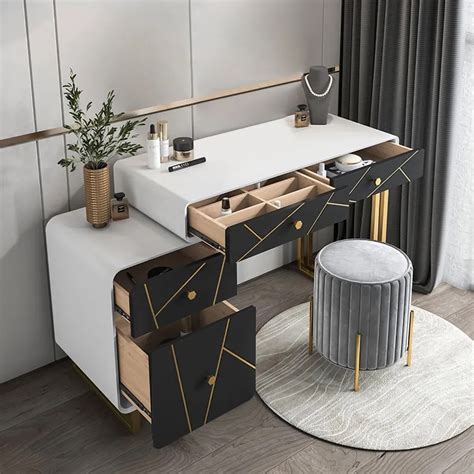 Modern Whiteandblack Makeup Vanity Expandable Dressing Table With Cabinet Homary