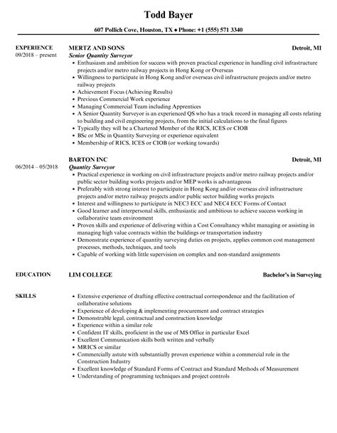 Quantity Surveyor Resume Samples | Velvet Jobs