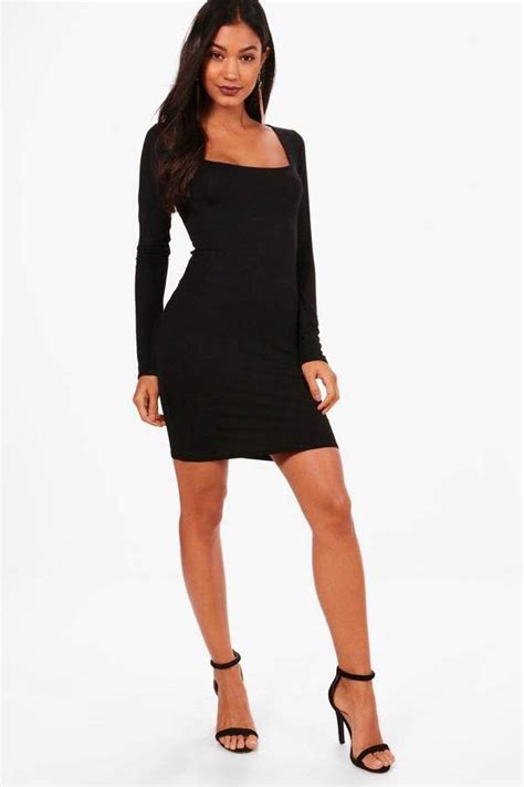 Boohoo Square Neck Long Sleeve Bodycon Dress Long Sleeve Bodycon