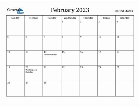 February 2023 Monthly Calendar with United States Holidays