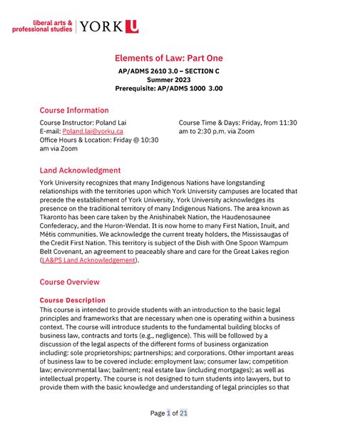 ADMS 2610 Summer 2023 Course Outline Sec C Elements Of Law Part One