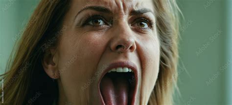 Mature Adult Woman Age 40 Screams With Her Mouth Wide Open From Dissatisfaction To Anger And