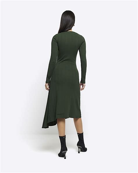 Green Rib Asymmetric Bodycon Midi Dress River Island