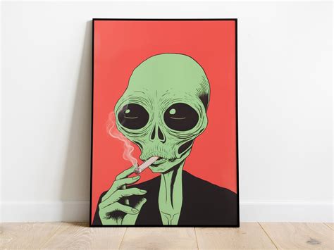 Smoking Alien Print Alien Poster Retro Alien Wall Art Ufo Print Alien