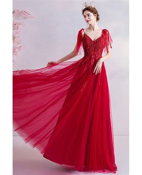 Red Tulle Aline Long Prom Dress With Straps Wholesale T16007