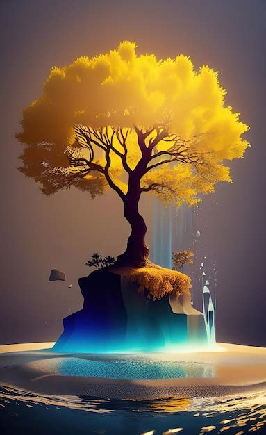 Premium Photo | A digital painting of a tree with a waterfall and a light in the background.