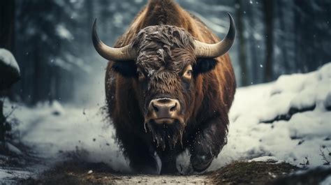 Premium AI Image | Aurochs bison in nature winter season