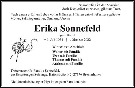 Erika Sonnefeld Gedenken Nordsee Zeitung