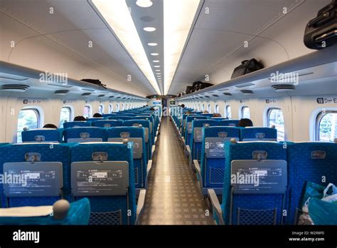 Interior of a carriage on a Shinkansen Bullet Train travelling from ...