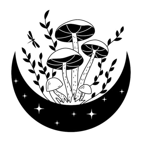 Premium Vector Mystical Mushrooms And Crescent Moon Clipart Magic