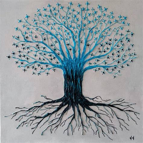 Arbre De Vie En Relief D Grad De Bleu Grand Format In Painting