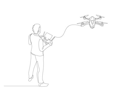 Desenho contínuo de uma linha de um homem controle remoto e drone