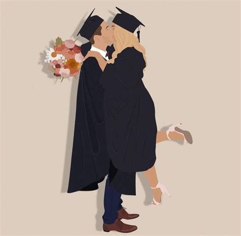 Two People In Graduation Caps And Gowns Hugging Each Other With Flowers