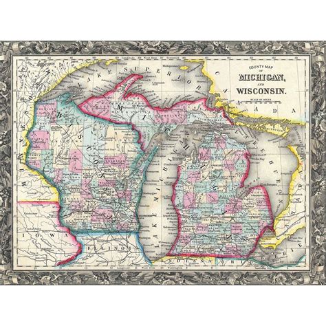County Map of Michigan + Wisconsin (18"W x 24"H // Paper
