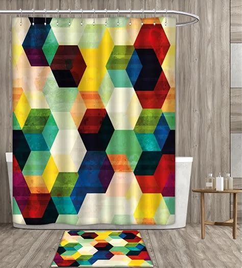 Shower Curtain Waterproof Rhombus Pattern Grunge Effect Hexagonal