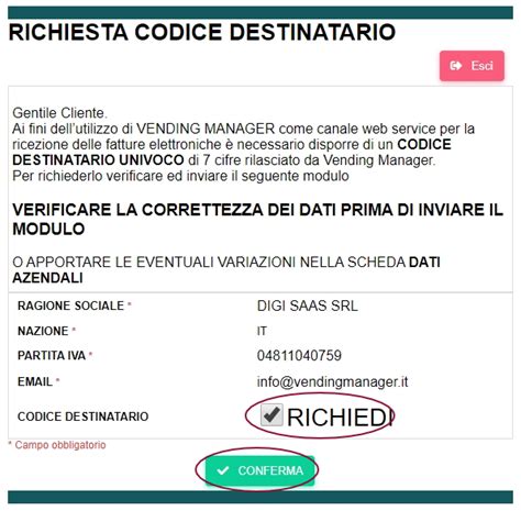 Richiesta Codice Destinatario Codice SDI AREA SUPPORTO VENDING MANAGER