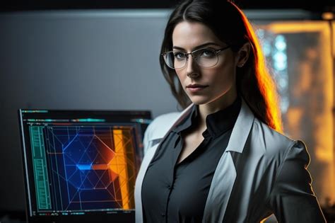 Premium Photo A Woman Wearing Glasses Stands In Front Of A Computer Screen That Saysthe