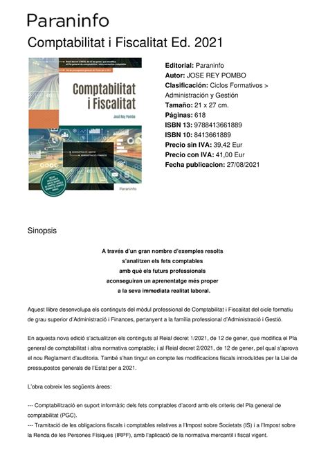 Comptabilitat I Fiscalitat Ed Sinopsis A Trav S D