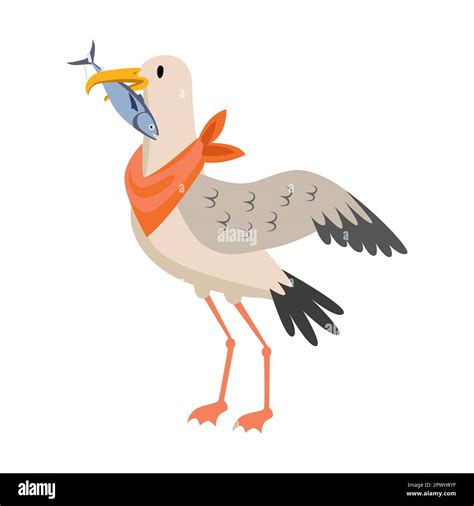 Seagull Captain With Fish In Beak Cartoon Illustration Funny Bird In