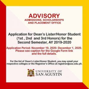 APPLICATION FOR THE DEAN'S LISTER/HONOR STUDENT - UNIVERSITY OF SAN AGUSTIN