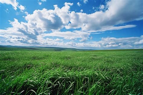 Premium Photo Green Grass Field And Blue Sky With Clouds