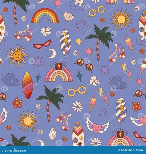 Retro Groovy Summer Seamless Pattern With Rainbow Surfboard Sun Palm