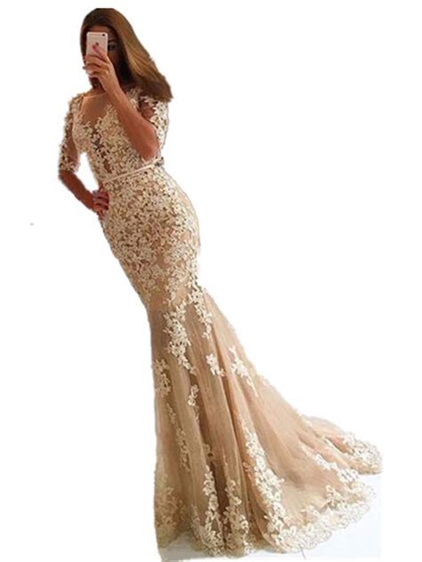 Prom Dress Mermaid Tulle Appliques Lace Backless Party Long Prom Gown