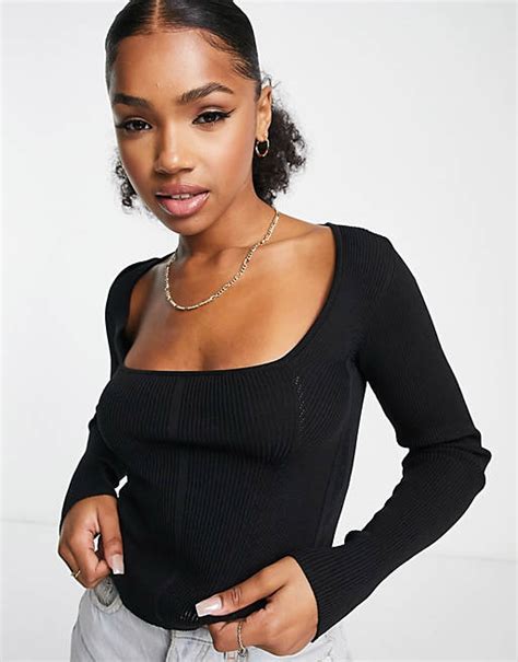 Stradivarius Square Neck Corset Seamed Knit Top In Black Asos