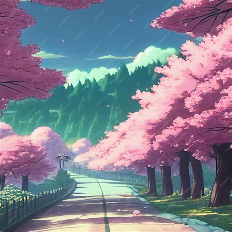 Premium Photo | Japanese cherry blossom trees landscape anime manga illustration