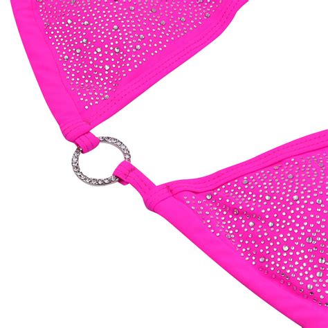 Snapklik Women 2 Piece Sparkly Rhinestone Triangle Bikini Set Sexy Backless Metal Ring