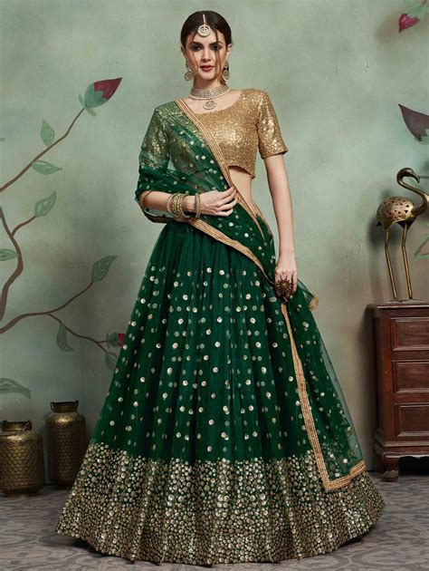 Bottle Green Net Designer Flared Lehenga Choli With Heavy Sequinsed